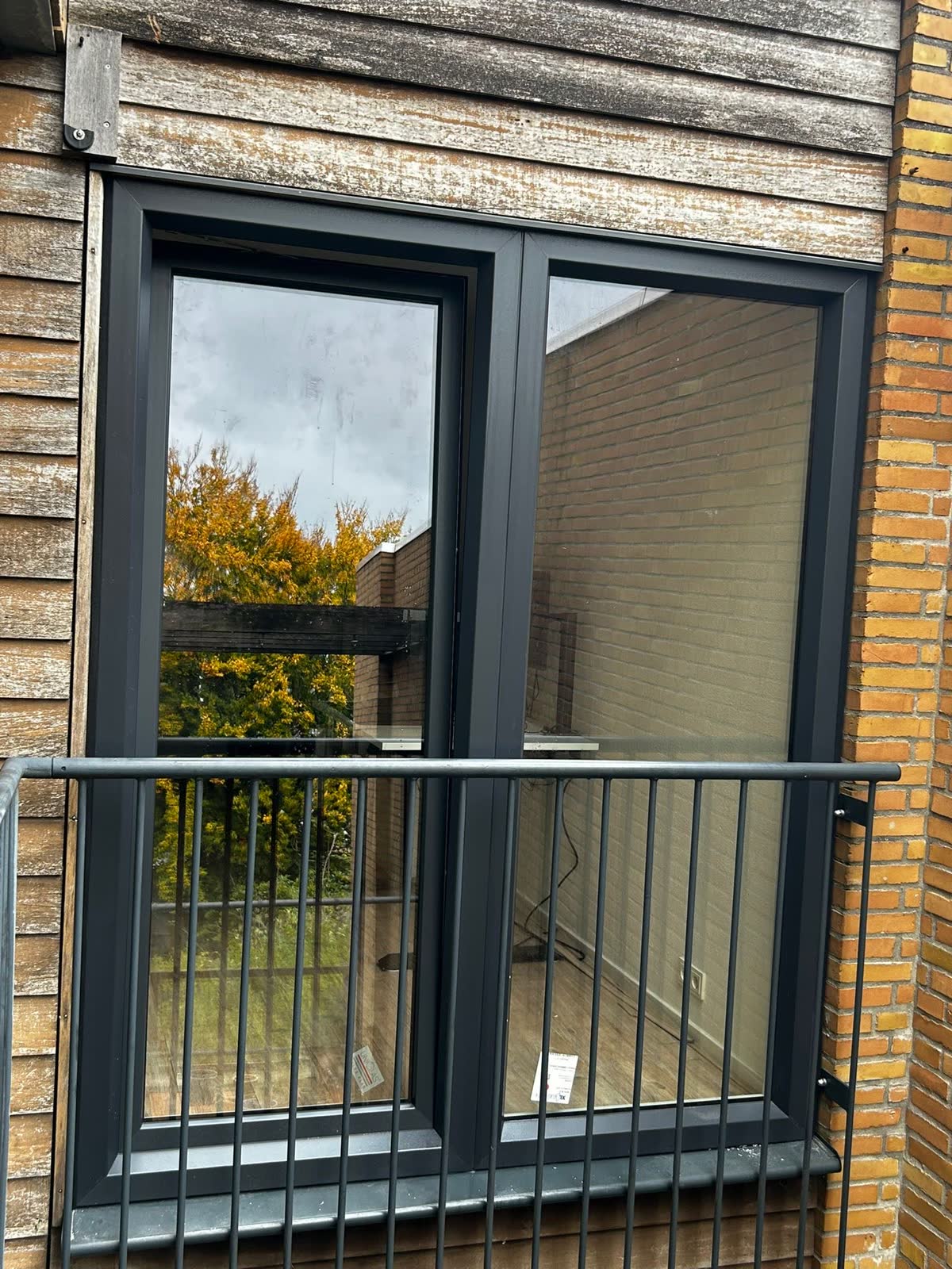 Antraciet kunststof balkondeur met een vast glasvlak en een zwart hekwerk ervoor, in een gevel met houten delen